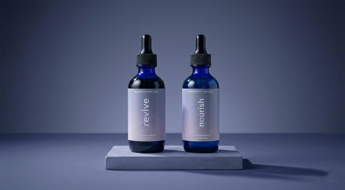 revive and nourish pre-shampoo oils in cobalt blue bottles